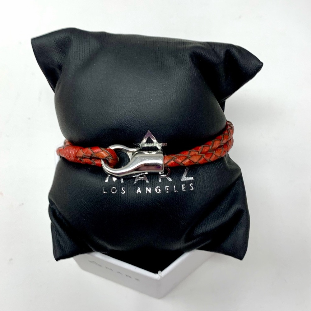 MARZ Men’s Double braided red leather bracelet with polished silver tone clasp